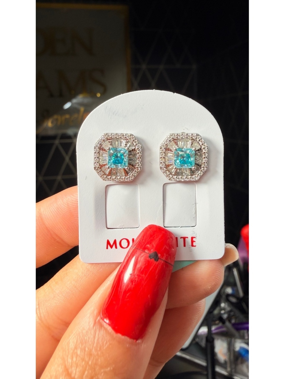 Sterling Silver Moissanite Stud Earrings with Blue Center Stones and Halo Design